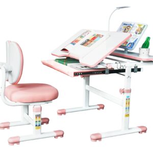 Kids Desk and Chair Set, Height-Adjustable Chair and Desk for Kids, Kid Desk with 3 Modes and 3 Brightness Led Lamps, Childrens Desk with 60° Tilting Tabletop and Extra-Large Storage Drawer (Pink)