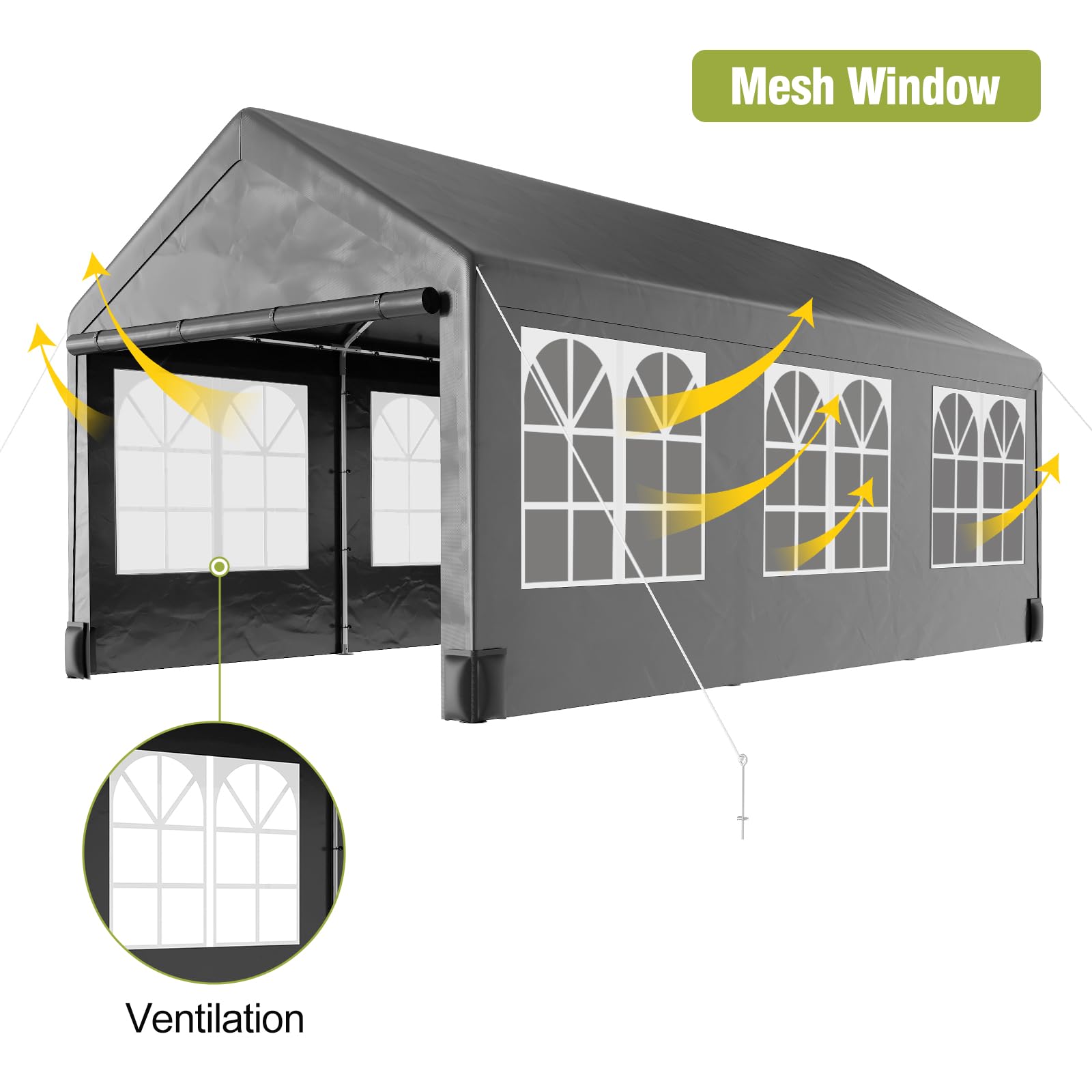 GarveeLife Carport, Heavy Duty 10FT X 20FT Carport Canopy, with 4 Load-Bearing Sandbags, Roll Up Mesh Window, Pe Waterproof Canopy, Reinforced Steel Pipes 1.3mm Tube Wall Thickness for Cars, Truck