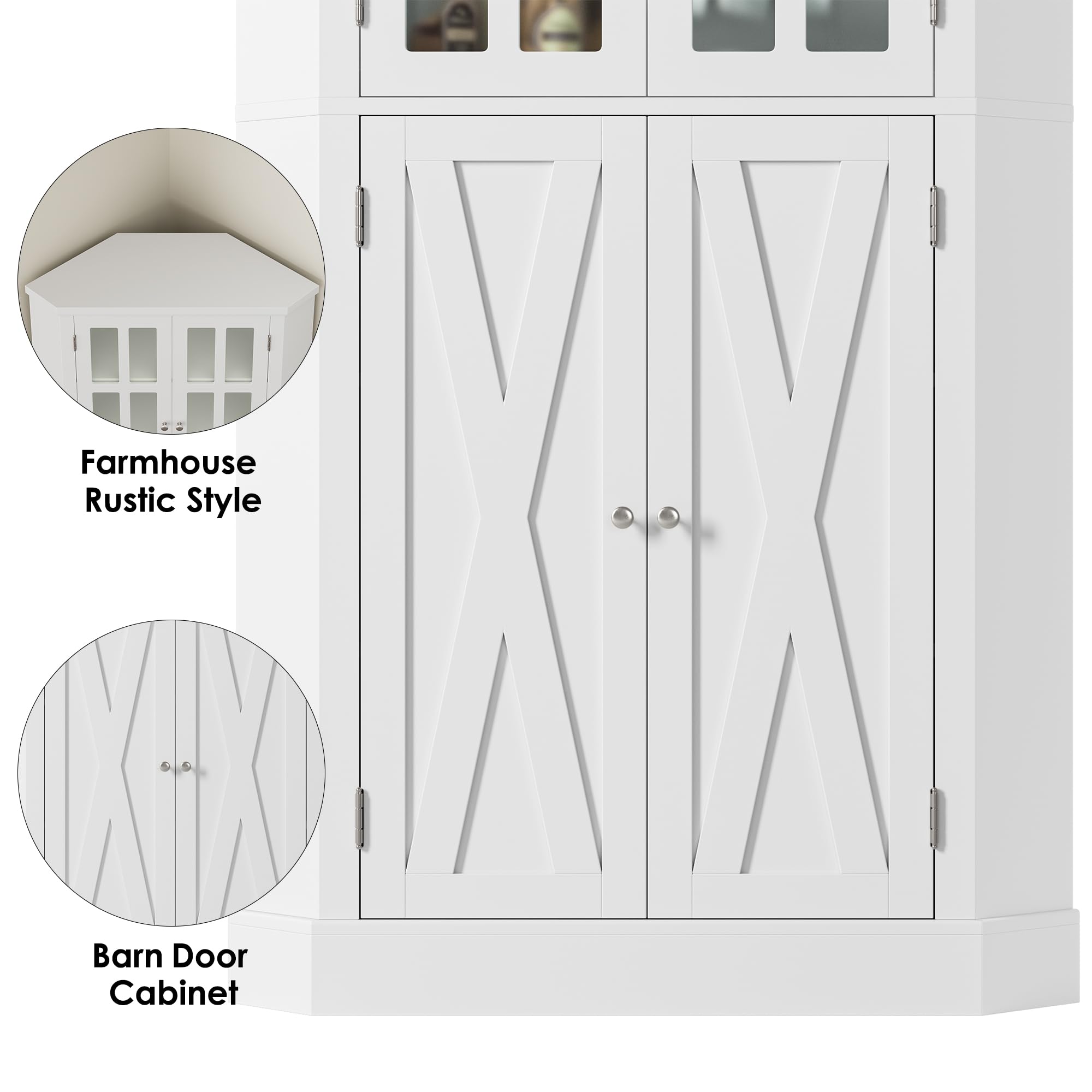 BOTLOG 67" Corner Cabinet, Tall Corner Storage Cabinet with 4 Doors, Corner Cabinet with Spacious Top, Curved Profile Design, Space Saver for Bathroom, Living Room, Kitchen, Modern White