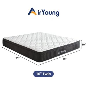 AirYoung 10 inch Twin Mattress, Memory Foam Hybird Pocket Coil Twin Mattress, Zero Pressure Deep Sleep, Motion Isolation Pressure Relief Strong Edge Support, Plush Feel, with CertiPUR-US Certified