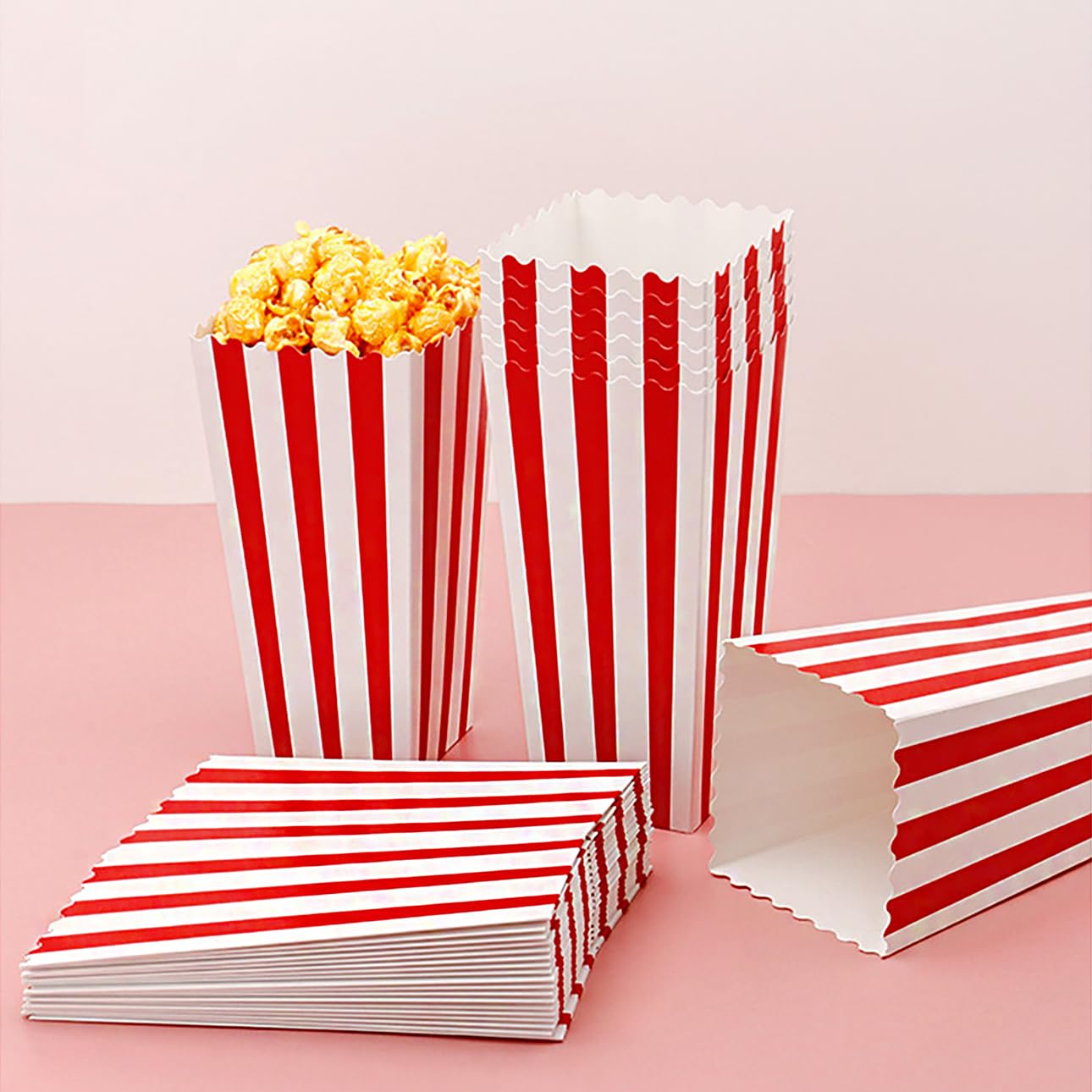 AIROLDI 28Pcs Popcorn Boxes - Mini Paper Popcorn Box, White and Red Stripes Pop Corn Snack Container for Movie Night Carnival Party Supplies (Classic Red)