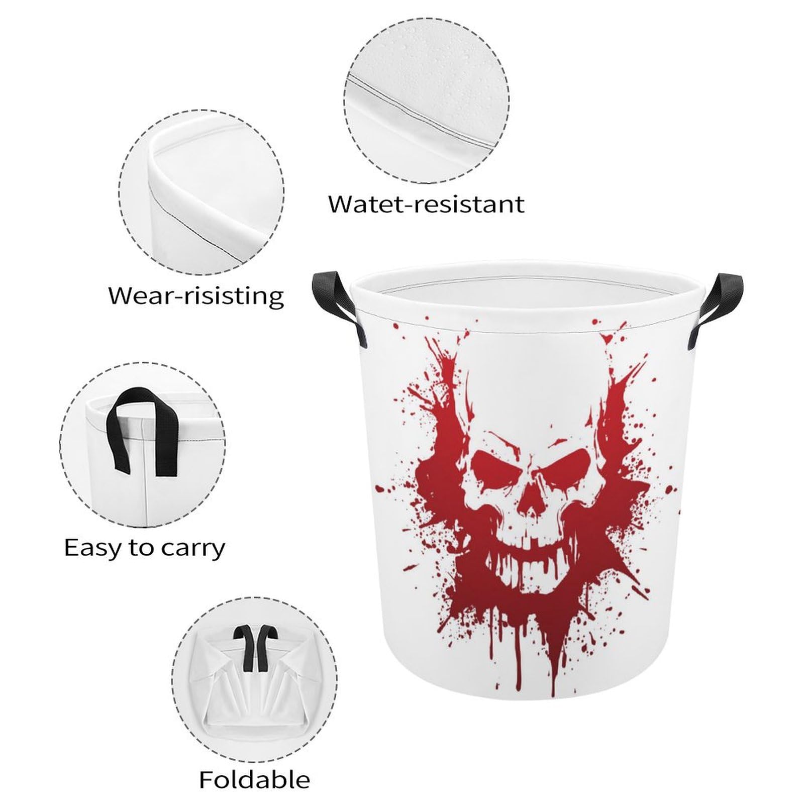 TsyTma Halloween Blood Skull Laundry Basket Small Collapsible Laundry Hamper with Handles Round Dirty Clothes Hampers for Laundry Bedroom Bathroom