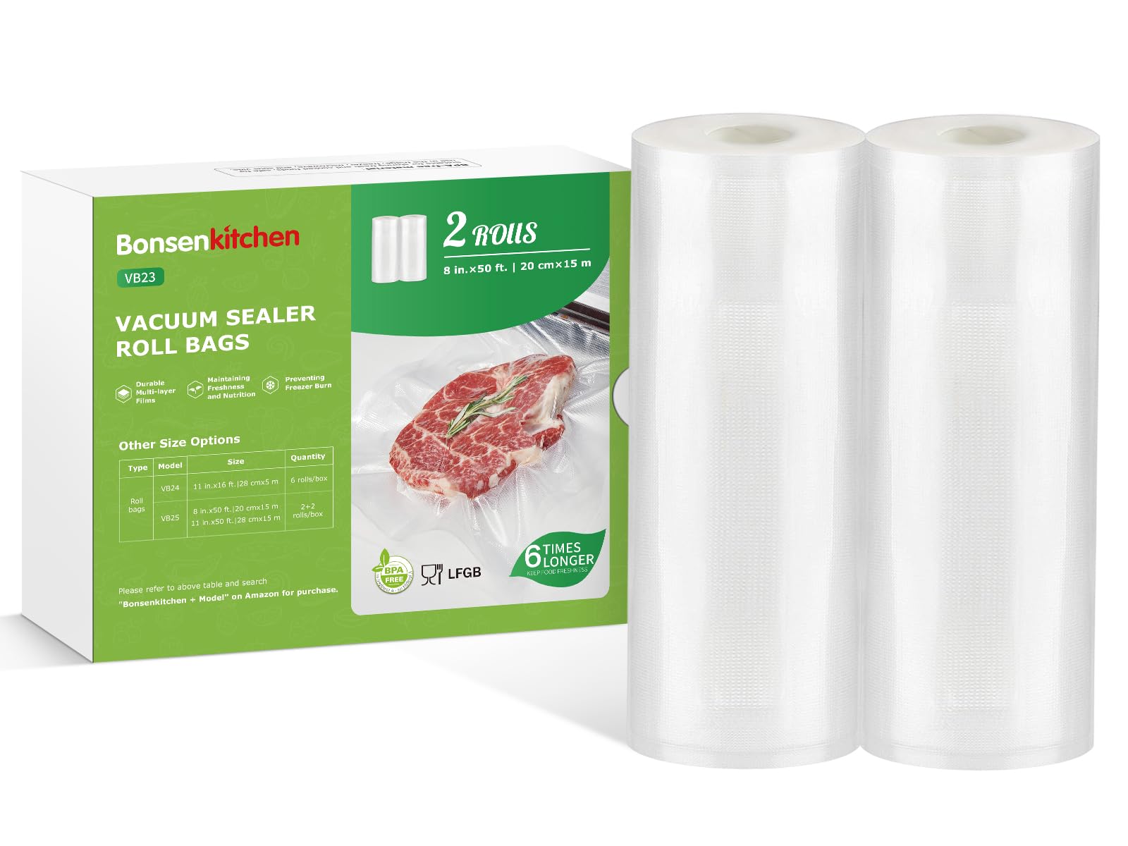 Bonsenkitchen Vacuum Sealer Bags Rolls, 8 in x 50 ft Rolls 2 pack Durable Food Sealer Bags, Commercial Grade, Heavy Duty, BPA Free, Seal a Meal, Great for Food Storage & Sous Vide Cooking, VB23