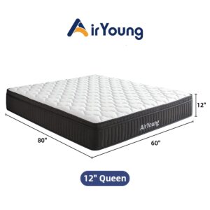 AirYoung 12 inch Queen Mattress, Memory Foam Hybird Pocket Coil Queen Mattress, Zero Pressure Deep Sleep, Motion Isolation Pressure Relief Strong Edge Support, Plush Feel, with CertiPUR-US Certified