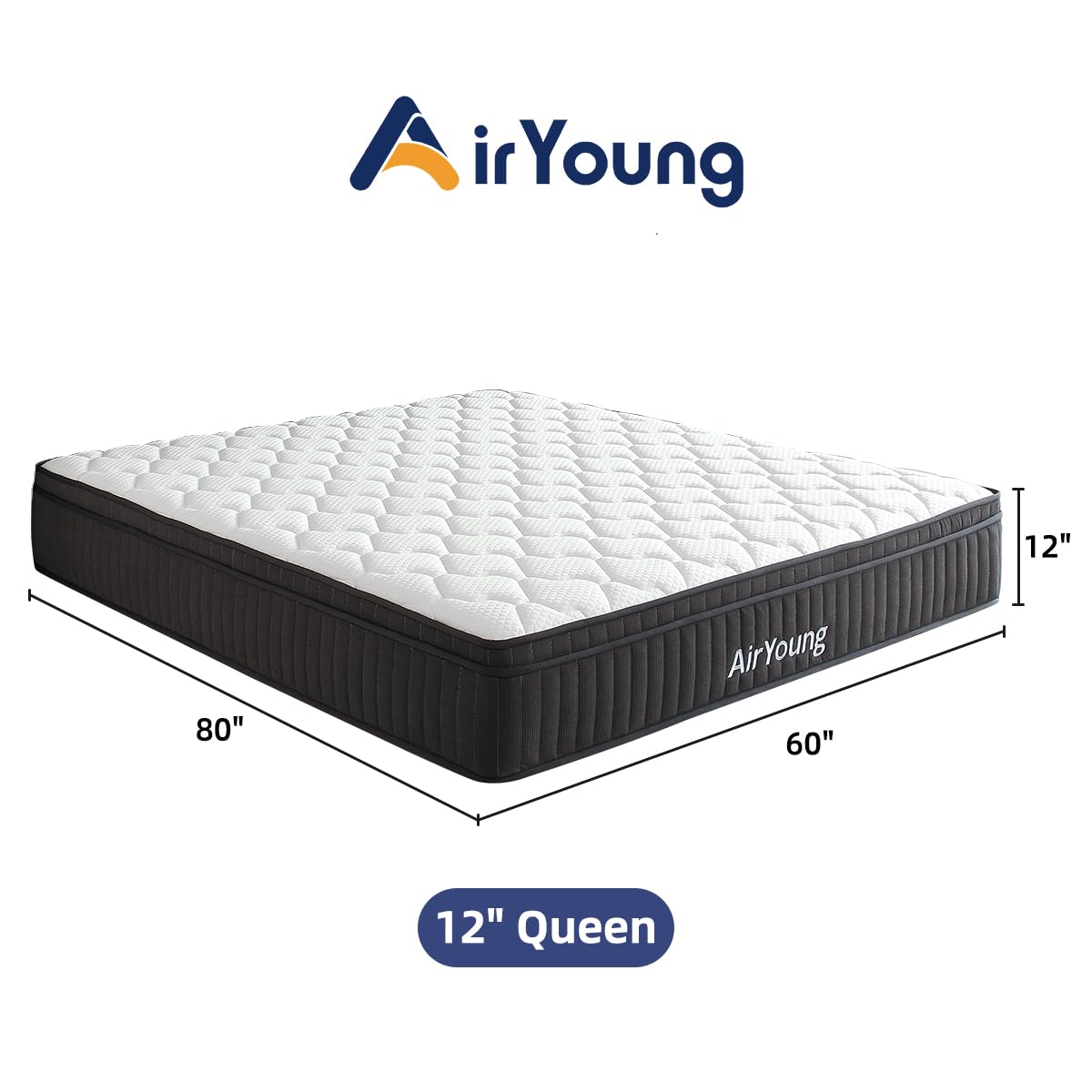 AirYoung 12 inch Queen Mattress, Memory Foam Hybird Pocket Coil Queen Mattress, Zero Pressure Deep Sleep, Motion Isolation Pressure Relief Strong Edge Support, Plush Feel, with CertiPUR-US Certified