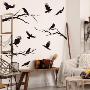 Raven Wall Stickers，Black Crows Wall Decals，Winter Branches Wall Decals，Halloween Tree Branch Wall Decals，Peel and Stick Bird Wall Decals，Removable Vinyl Halloween Wall Stickers.