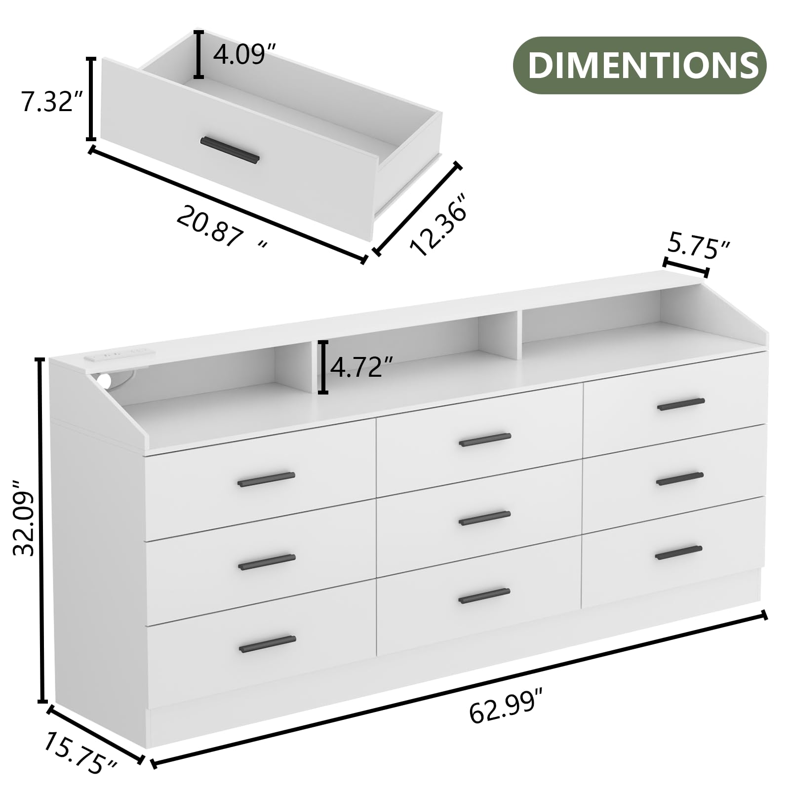 Gyfimoie 9 Drawers Dresser for Bedroom with Power Outlet, Chest of Drawers with LED Light, Modern Dresser with Open Storage Cubby, Triple Wide Dresser Organizer for Living Room (White)