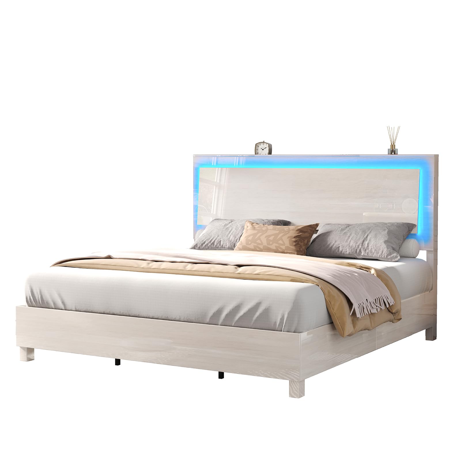 LUXOAK High Gloss Bed Frame with LED Headboard, Queen Platform Bed with Unique Floating Ergonomic Headboard Design, No Box Spring Needed, Easy Assembly, Beige