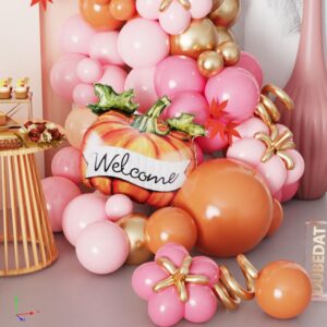 Fall Balloons Garland Arch Kit, 142Pcs Orange Pink Hotpink Nude Gold Balloons with Pumpkin Mylar Balloon for Hello A Little Pumpkin Baby Shower Autumn Birthday