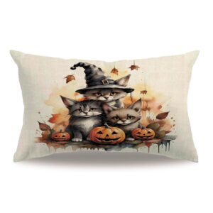 halloween theme pillow covers double-sided printed halloween cats with in witches' hats and spooky elements rectangular/waist cushion cover farmhouse autumn decorative pillowcases 12" x 20"