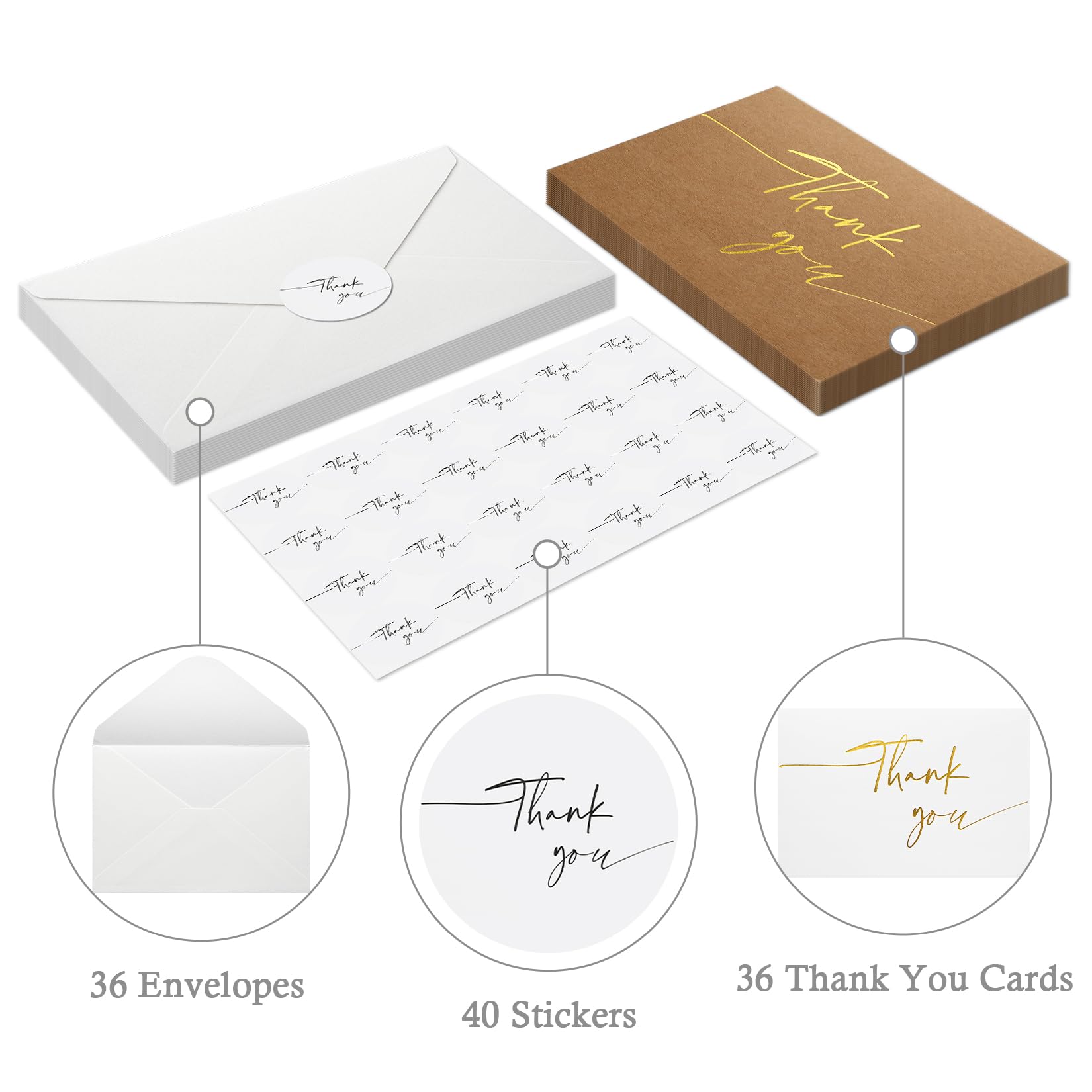 Ecrifrion 36 Pack Thank You Cards with Kraft Envelopes and Stickers,4x6 Inch Elegant Blank Thank You Notes Multipack for Wedding Baby Bridal Shower Small Business Funeral Sympathy