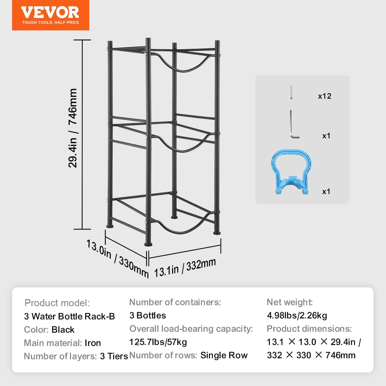 VEVOR 5 Gallon Water Jug Holder, 3 Tiers Water Bottle Holder, Heavy Duty Water Bottle Rack with 3 Slots, Detachable Water Jug Stand for Kitchen, Office, Living Room- Black