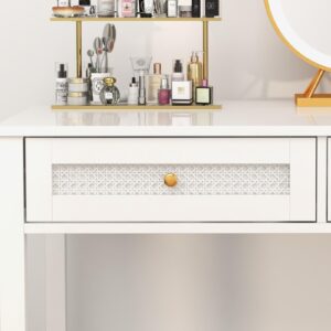 Vikiullf White Desk with Drawers - 39 in Small Modern Study Writing Table Makeup Vanity Desk for Small Spaces Home Office Desk with 2 Rattan Drawers