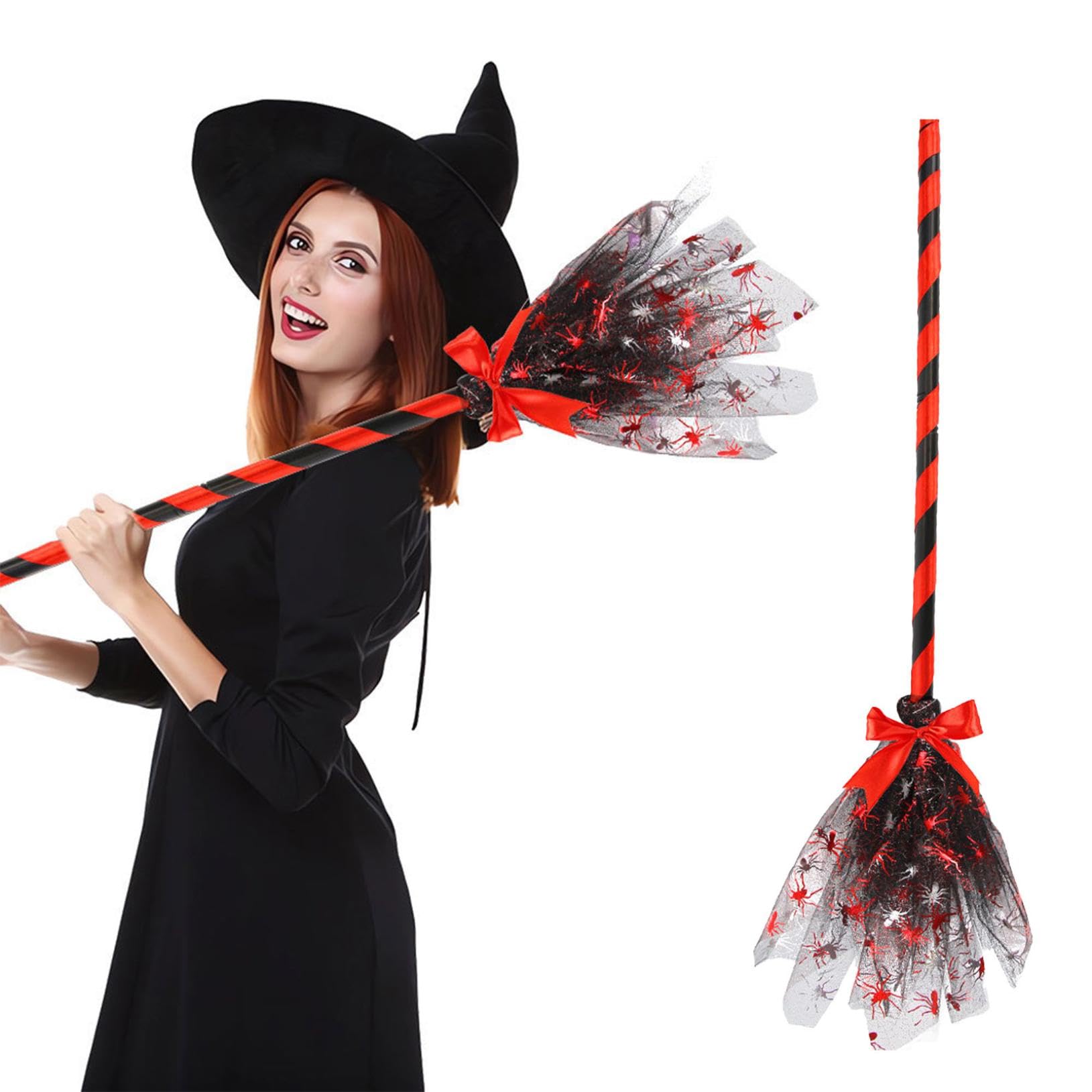 2PCS Halloween Witch Broom Plastic Witches Broom Cosplay Props Halloween Decorations Flying Witch Broomstick Costume Accessories for Masquerade Dress up Home Party Supplies 35" (Dark Red)