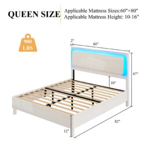 LUXOAK High Gloss Bed Frame with LED Headboard, Queen Platform Bed with Unique Floating Ergonomic Headboard Design, No Box Spring Needed, Easy Assembly, Beige