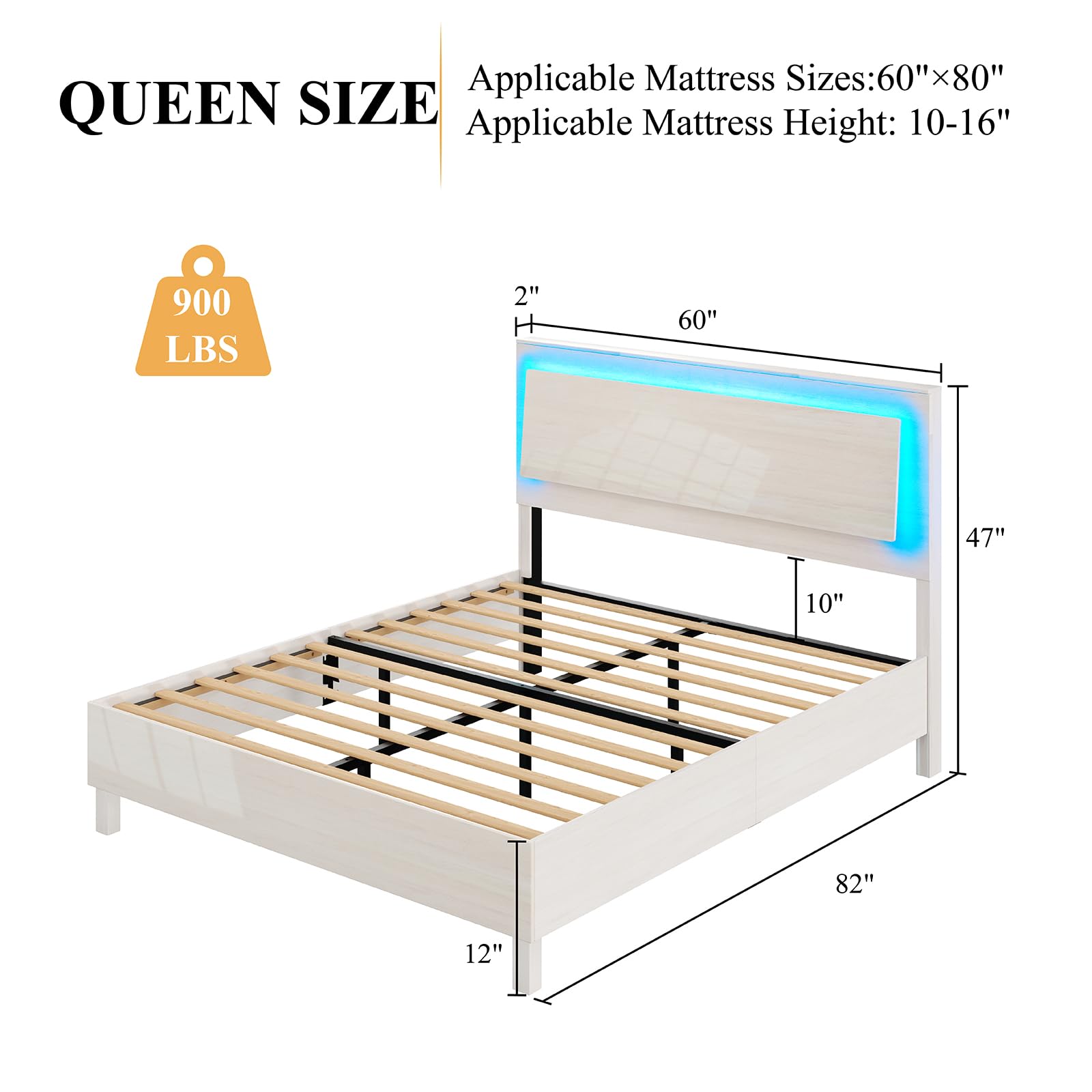 LUXOAK High Gloss Bed Frame with LED Headboard, Queen Platform Bed with Unique Floating Ergonomic Headboard Design, No Box Spring Needed, Easy Assembly, Beige