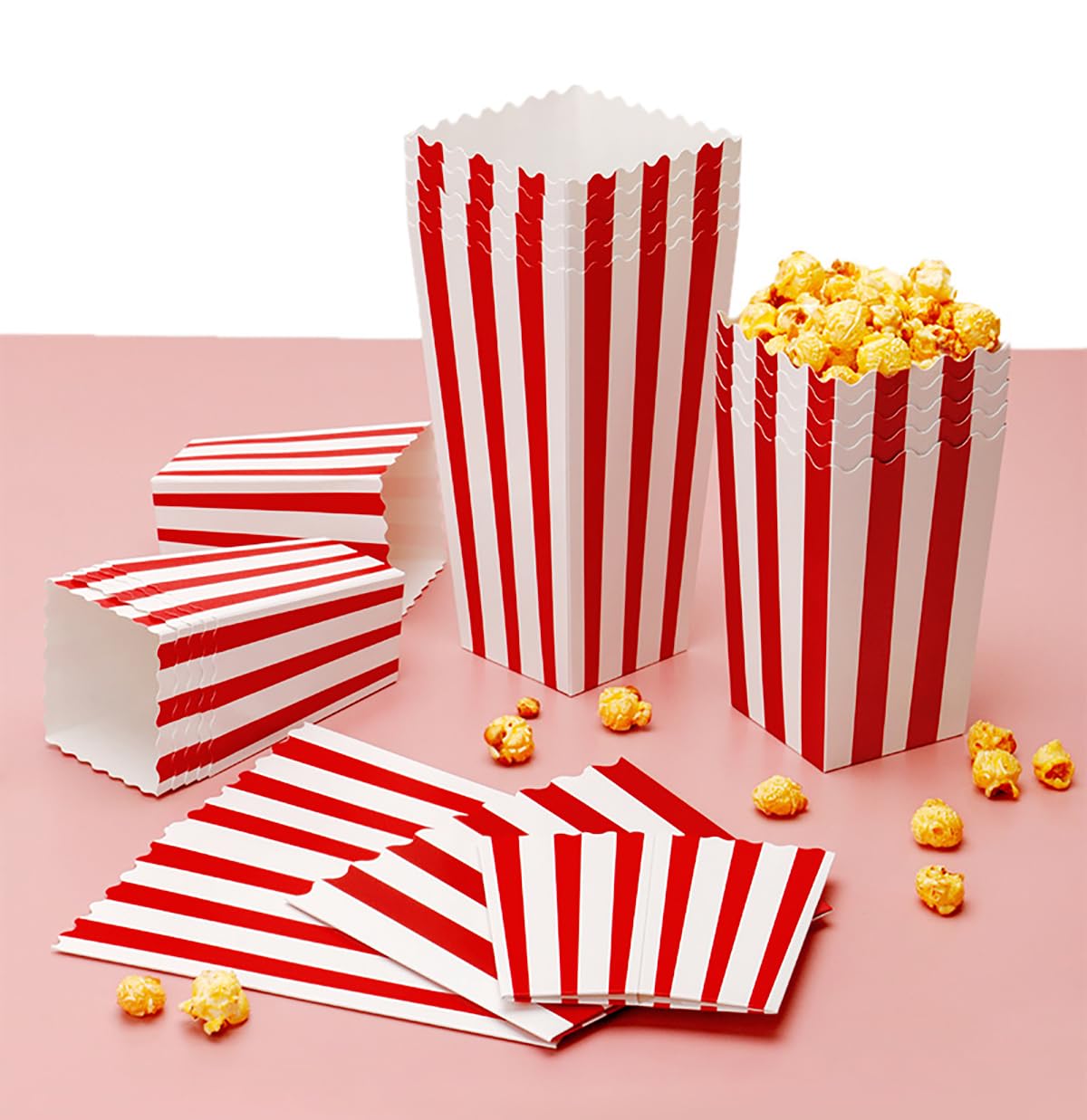 AIROLDI 28Pcs Popcorn Boxes - Mini Paper Popcorn Box, White and Red Stripes Pop Corn Snack Container for Movie Night Carnival Party Supplies (Classic Red)