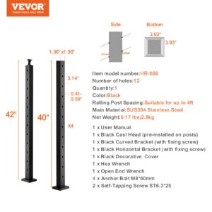 VEVOR Cable Support Post, 42" Height, 2" Width, Steel with 30° Angled Holes for Stairs, 12 Holes Pre-Drilled, Made of SUS304 Stainless Steel, Includes Horizontal/Curved Bracket, Single Unit, Black