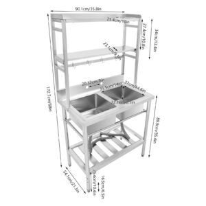 Bokknppo 2-Compartment Commercial Sink 304 stainless Steel Sink with Double-Layer Shelves Hanging Tools Freestanding Utility Sink for Kitchen Restaurant Bathroom, 35.43 * 21.26 * 67.72in