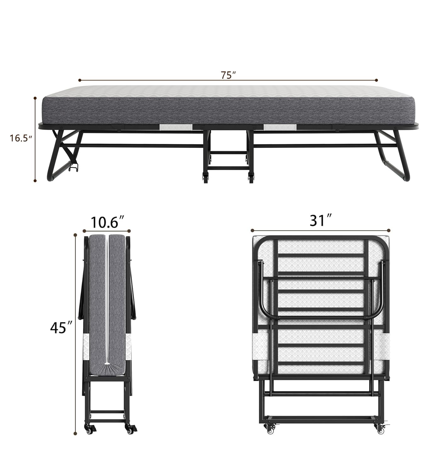 Espsilto Folding Bed with Mattress, 75" x31‘’RollAway Bed for Adults, Portable Foldable Bed for Guest with Memory Foam Mattress on Wheels for Saving Space