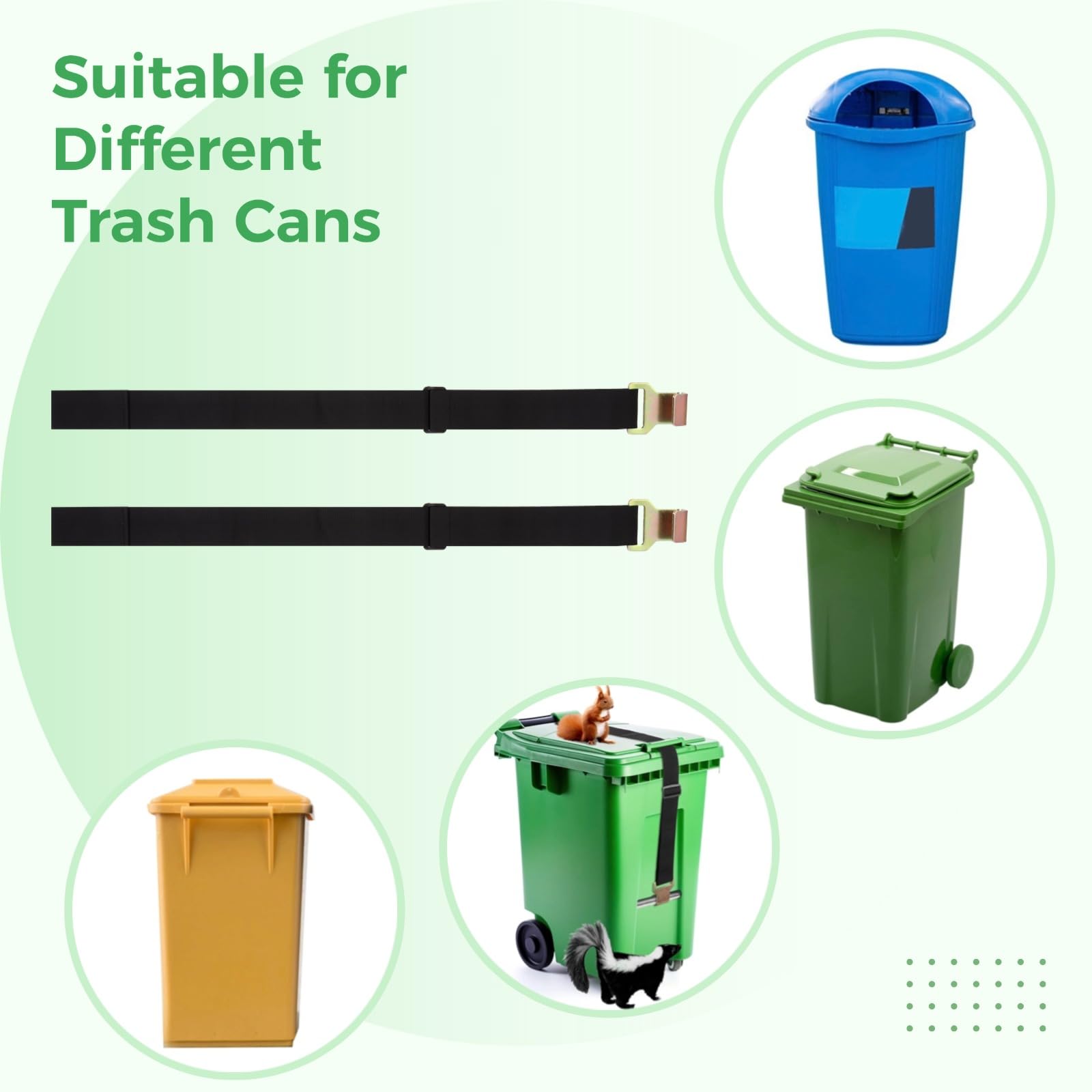 2 PCS Trash Can Locks, Universal Garbage Can Lid Lock, Heavy Duty Adjustable Trash Can Lid Lock with Metal Claw, Outdoor Trash Can Strap for Raccoons Squirrels Dogs Mice Prevent Strong Wind