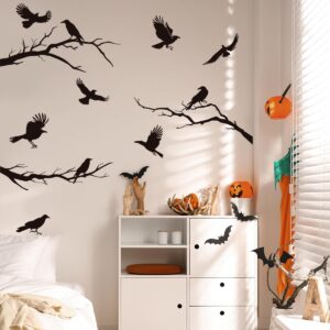 raven wall stickers，black crows wall decals，winter branches wall decals，halloween tree branch wall decals，peel and stick bird wall decals，removable vinyl halloween wall stickers.