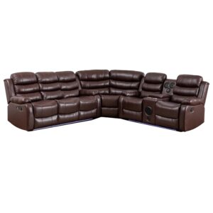 hybition faux leather living room set modern reclining sectional sofa with led light, usb chargers, sound system, 4cup holders, hidden storage, brown