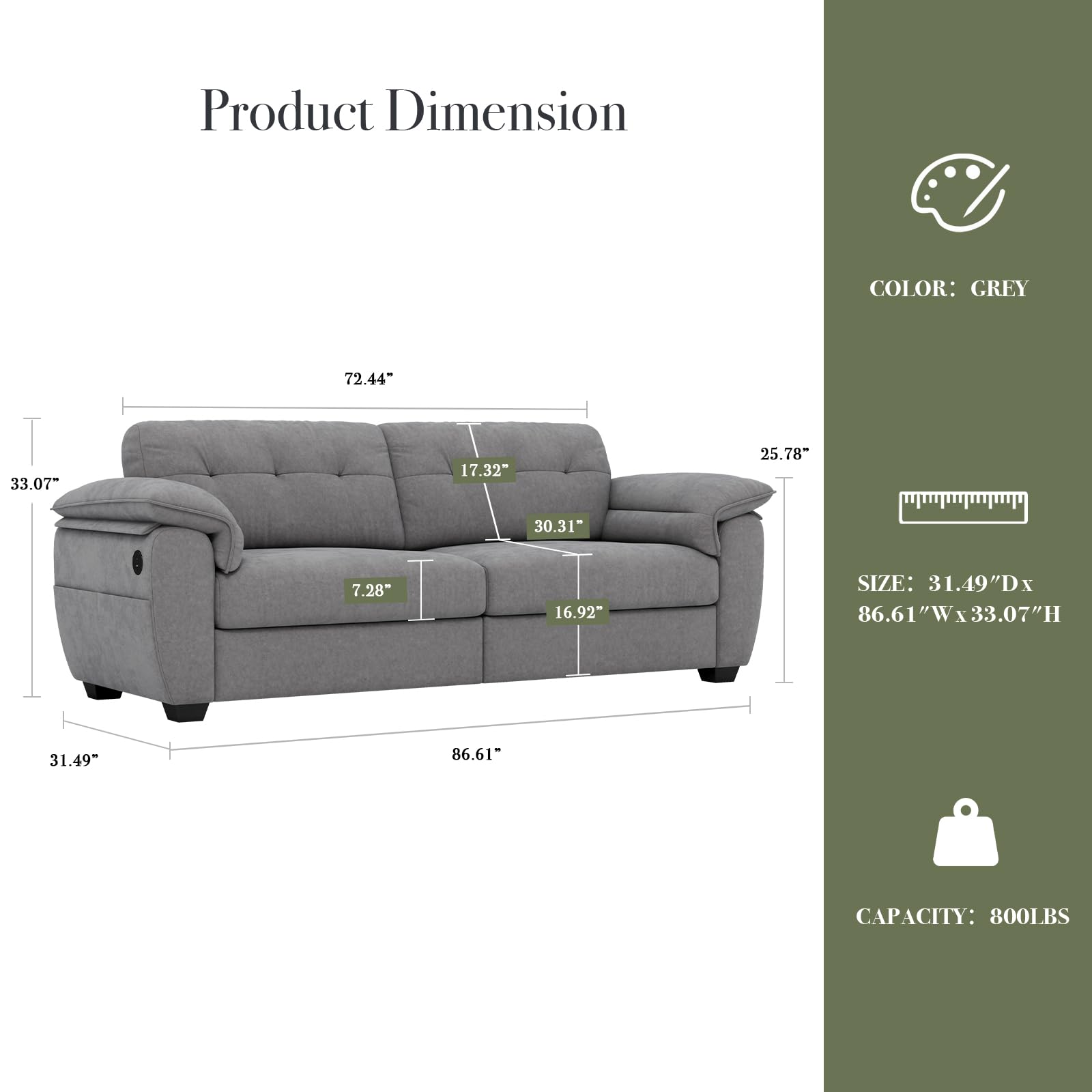 CHYMSUN 87" Modern Sofa, Comfy Sofa Couch w/Extra Deep Seats, 2/3 Seater Couches w/USB Charging Ports & Side Pockets, Sleeper Sofas for Living Room, Apartment, Office (Grey Chenille)