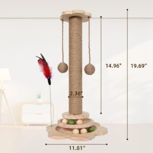 HivaolJoy Kitten Scratching Post - 4 in 1 Cat Scratching Post,19.69" Wooden Cat Scratch Post with 2 Level Cat Sisal Balls Interactive Cat Toy and 2 Sisal Hanging Balls for Indoor Kittens, Adult Cats