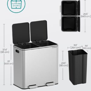 SONGMICS Trash Can, 2 x 10.6 Gallon (2 x 40 L) Garbage Can for Kitchen, with 15 Trash Bags, 2 Compartments, Plastic Inner Buckets and Hinged Lids, Airtight, Silver and Black ULTB730E80