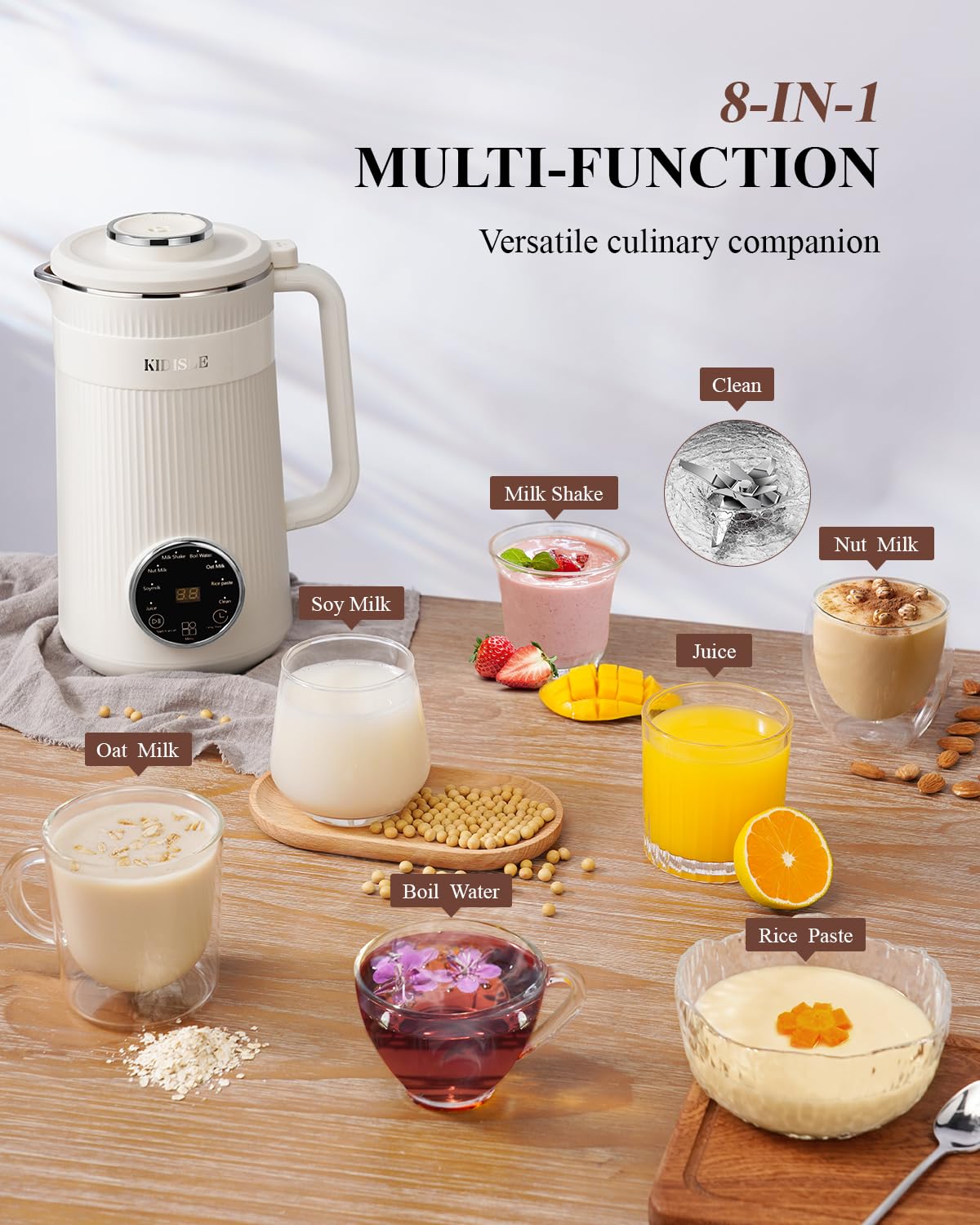 KIDISLE 8 in 1 Nut Milk Maker Blender, 32oz Homemade Almond, Oat, Coconut, Soy, Plant Based Milks and Non Dairy Beverages, Automatic Soybean Milk Machine with Delay Start/Keep Warm/Boil Water, White