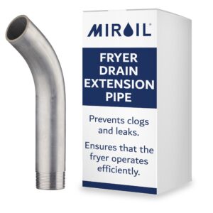 1.25" oil fryer drain spout, deep fryer curve out drain pipe fitting, fryer drain extension pipe, drain nipple for deep fryers, oil fryers, sinks, 1.25" screw in x 9.5" oil spout by miroil #90295