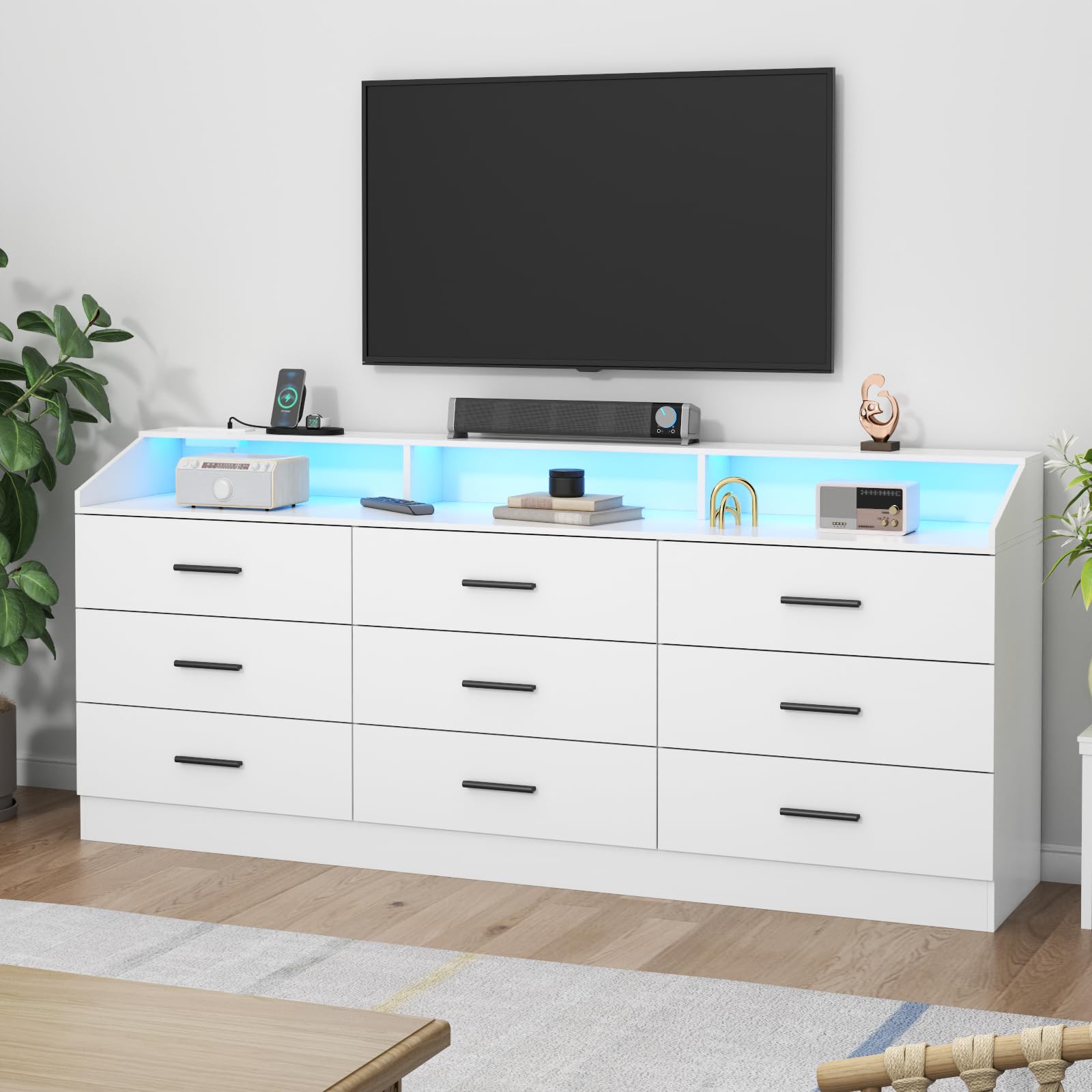 Gyfimoie 9 Drawers Dresser for Bedroom with Power Outlet, Chest of Drawers with LED Light, Modern Dresser with Open Storage Cubby, Triple Wide Dresser Organizer for Living Room (White)