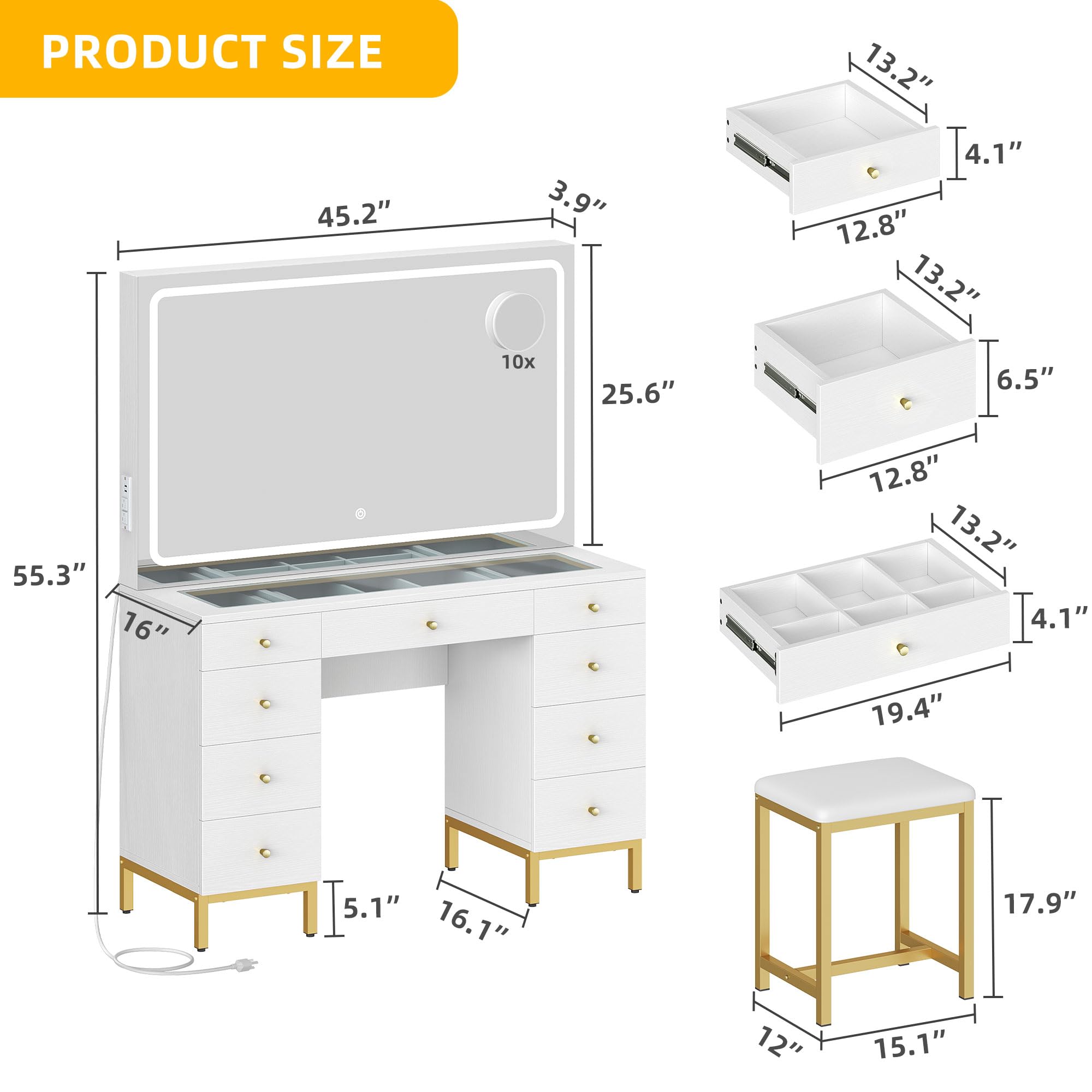 DWVO Vanity Desk Set with Large LED Lighted and Mirror & Power Outlet, Glass Top Vanity with Adjustable 3 Color Lighting Modes and 9 Drawer Magnifying Glass, 47" Makeup Vanity Desk with Bench, White