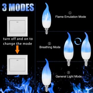 OHLGT E12 Flame Bulbs 2 Pack, 3 Mode LED Candelabra 2.0 Watt Warm White Chandelier Candle Light Bulbs, Flame Tip for Christmas Party Decorations-Blue