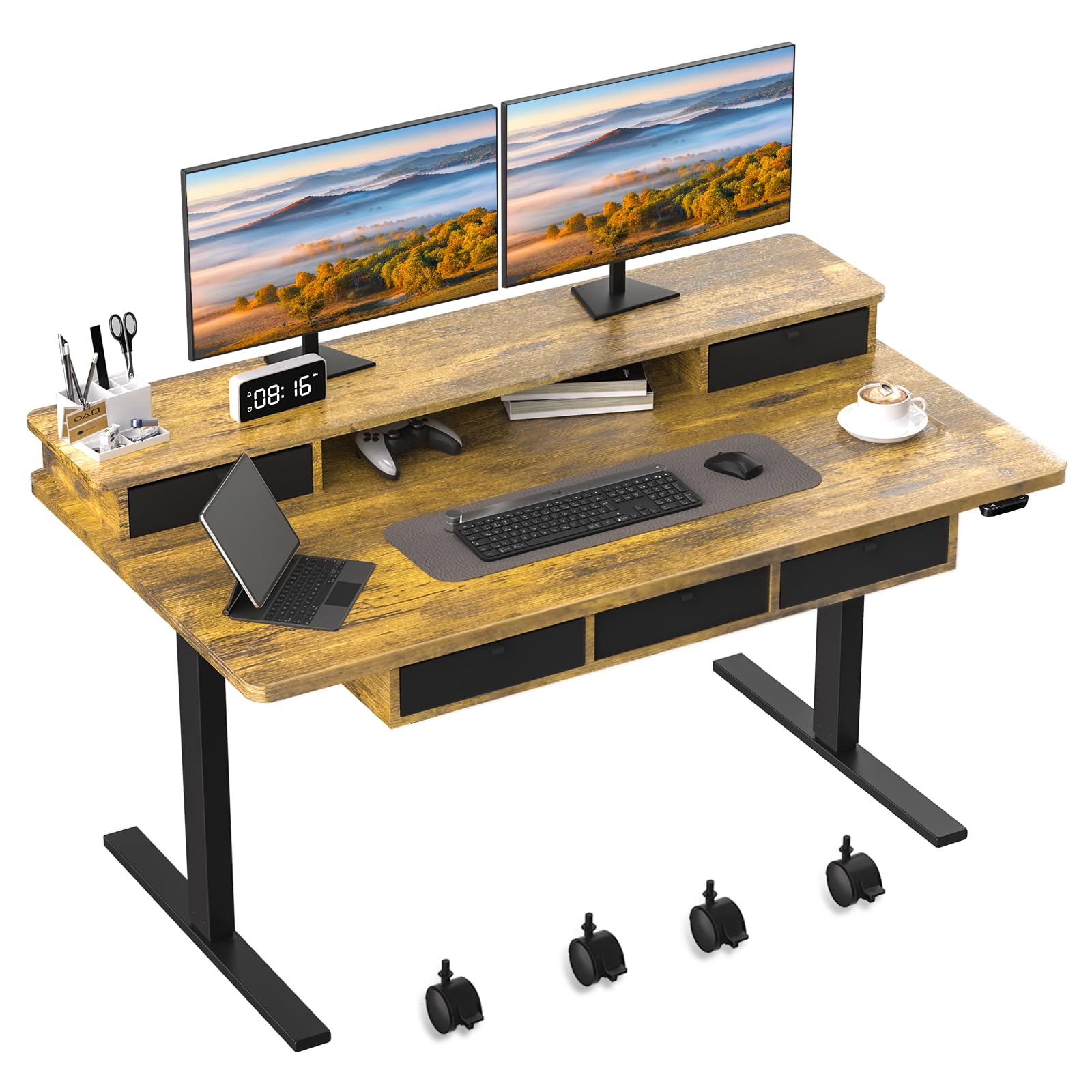 XINYAO Electric Standing Desk with 5 Drawers, 48 x 24 Inch Height Adjustable Stand Up Desk with Storage Larger Desktop Sit Stand Table for Office Home Workstation Gaming Working Studying