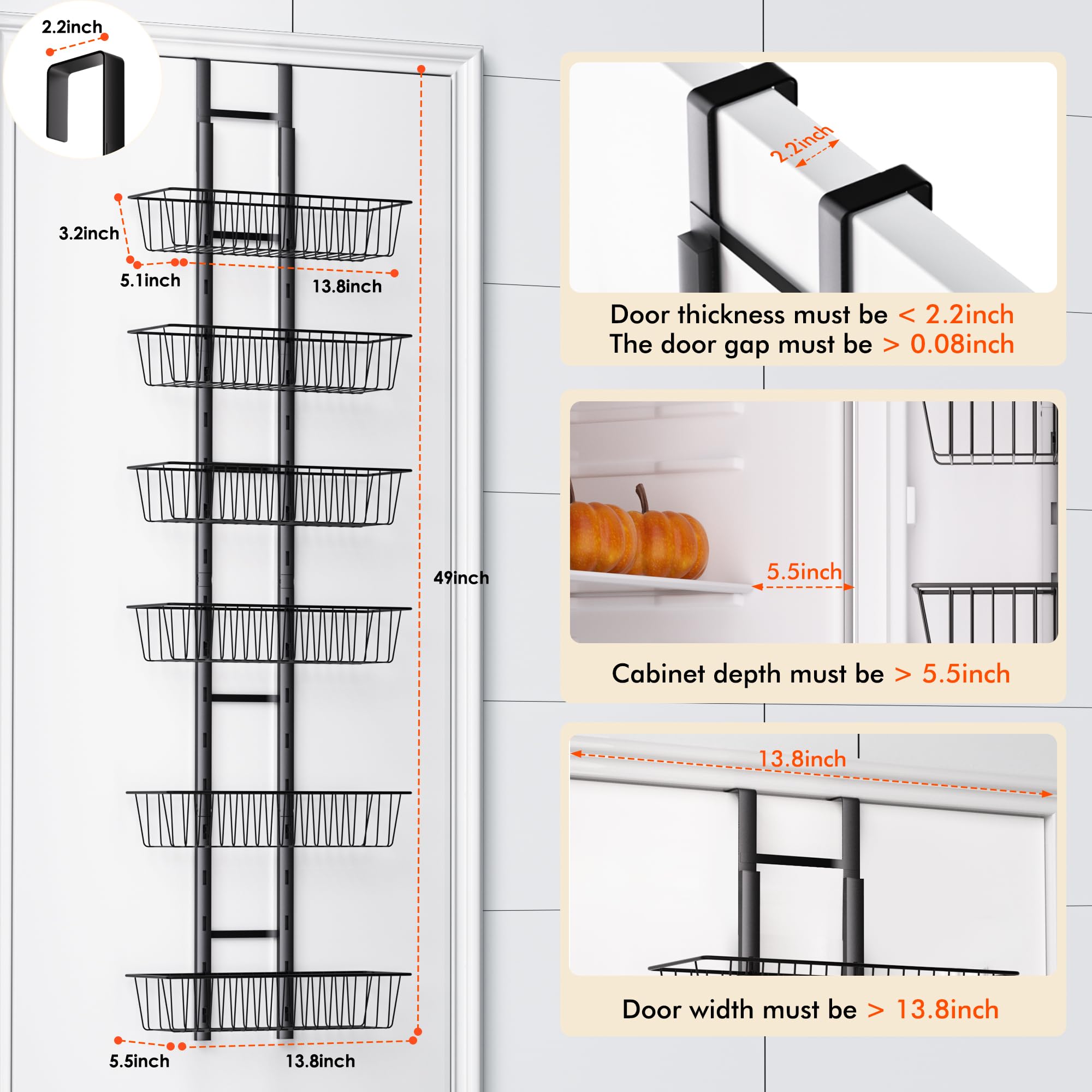 LUXEAR Over the Door Pantry Organizer, 6-Tier Adjustable Pantry Organizers and Storage, No-Assembly Foldable Metal Hanging Over the Door Organizer for Kitchen, Home, Laundry Room, Bathroom