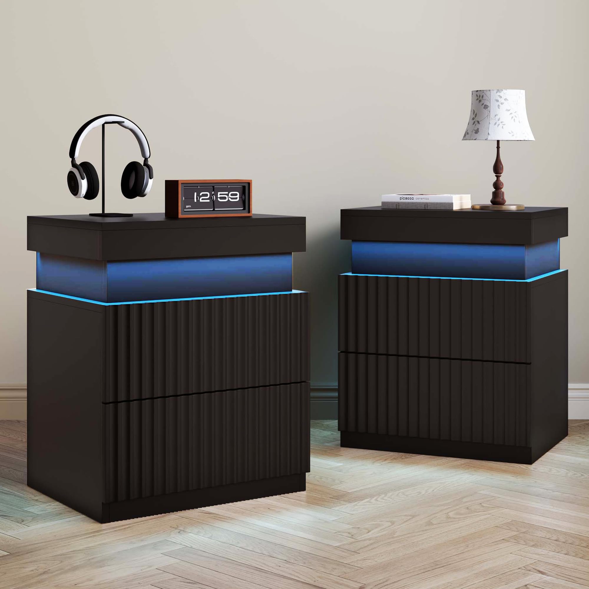 Nightstand Set of 2 Black Nightstand with Charging Station LED Night Stands with Drawers Modern Bedside Table with Sliding Top Night Table Fluted End Tables for Bedroom, Apartment, Dorm