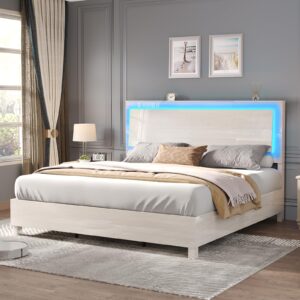 luxoak high gloss bed frame with led headboard, queen platform bed with unique floating ergonomic headboard design, no box spring needed, easy assembly, beige