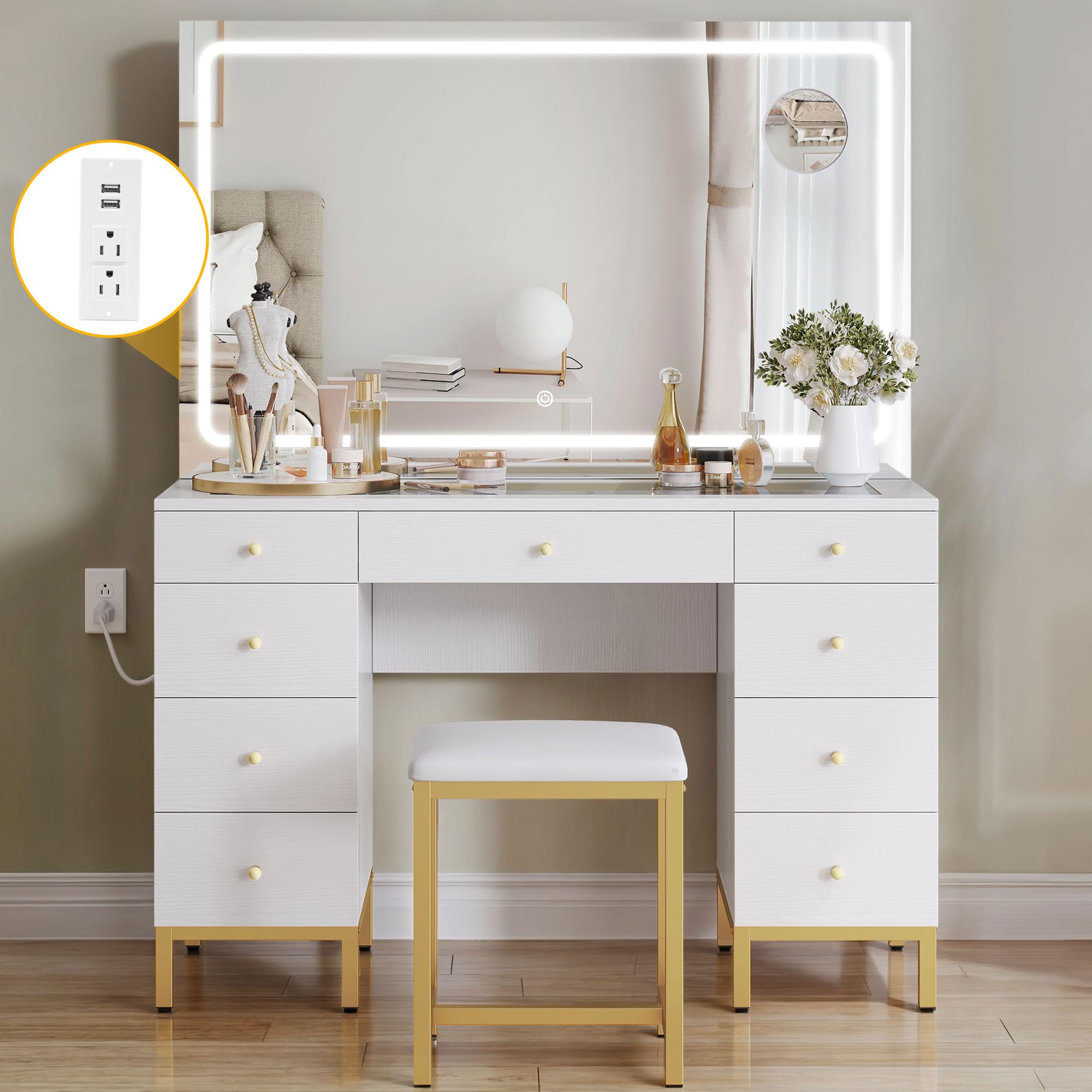 DWVO Vanity Desk Set with Large LED Lighted and Mirror & Power Outlet, Glass Top Vanity with Adjustable 3 Color Lighting Modes and 9 Drawer Magnifying Glass, 47" Makeup Vanity Desk with Bench, White