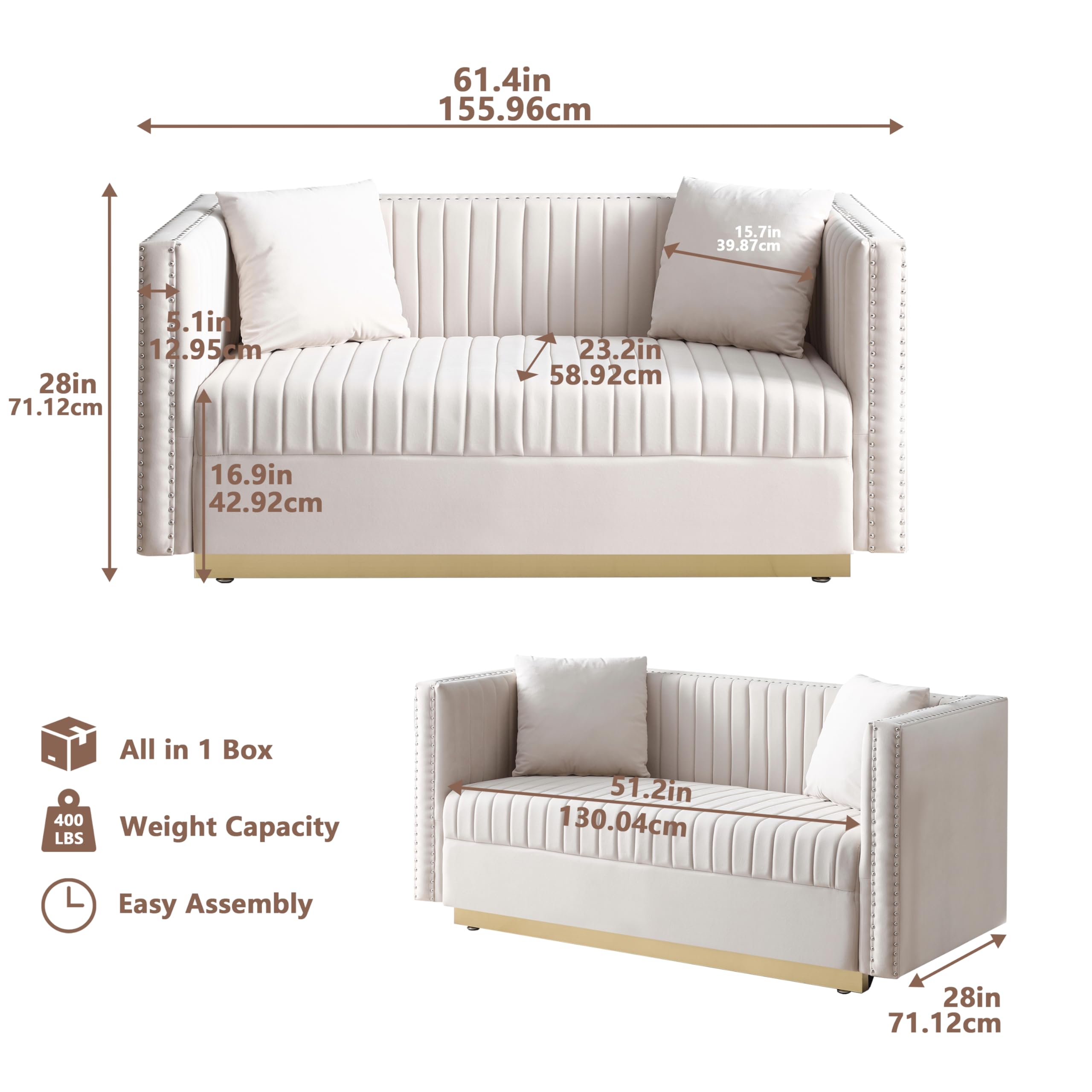 PUG258Y Loveseat Modern Sofa Couch: 61.4 Inchs Mid-Century Sofa with Extra Deep Seats, 2 Seater Sofa Couch for Living Room Apartment Lounge and Office, Dual Pillows, Velvet - Medium Beige