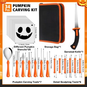 MorningRo 34 PCS Halloween Pumpkin Carving Kit, 13 PCS Professional Heavy Duty Stainless Steel Double Side Pumpkin Carving Tool with Pumpkin Carving Knife and 20 Pumpkin Stencils for Kids Adults