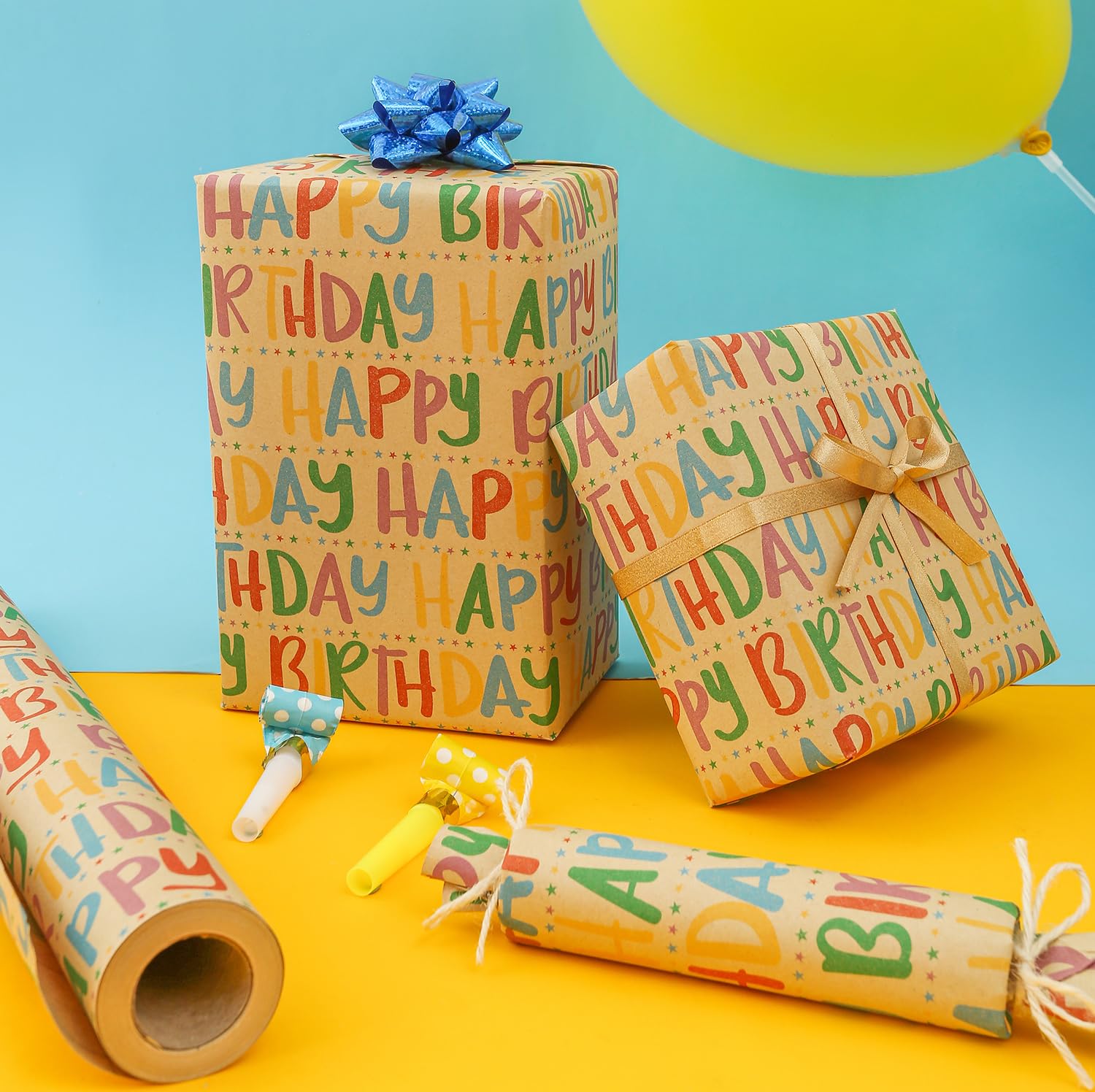 CAMKUZON Kraft Birthday Wrapping Paper Roll with Cutlines - Colorful Happy Birthday Text and Star Design - Gift Wrap Paper for Birthday Celebration Baby Shower, 17.4 Inch