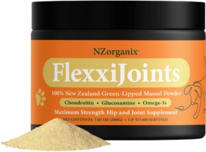 kiwiorganix nzorganix flexxijoints 100% new zealand green-lipped mussel powder, hip & joint support formula for dogs & cats, with glucosamine, chondroitin 200g (600 servings)