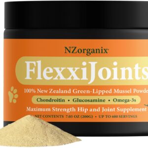 KiwiOrganix NZorganix FlexxiJoints 100% New Zealand Green-Lipped Mussel Powder, Hip & Joint Support Formula for Dogs & Cats, with Glucosamine, Chondroitin 200g (600 Servings)