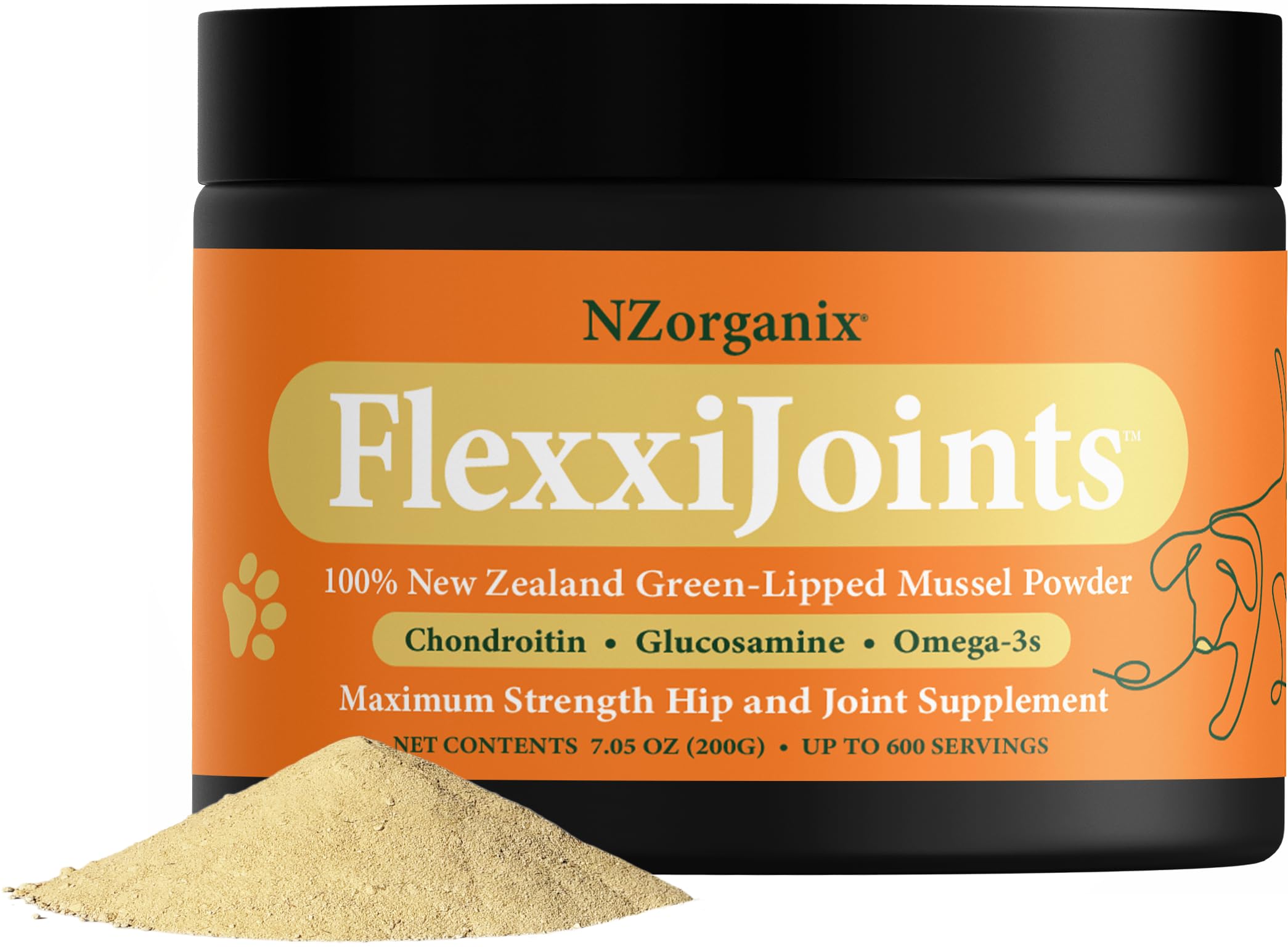 KiwiOrganix NZorganix FlexxiJoints 100% New Zealand Green-Lipped Mussel Powder, Hip & Joint Support Formula for Dogs & Cats, with Glucosamine, Chondroitin 200g (600 Servings)