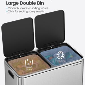 SONGMICS Trash Can, 2 x 10.6 Gallon (2 x 40 L) Garbage Can for Kitchen, with 15 Trash Bags, 2 Compartments, Plastic Inner Buckets and Hinged Lids, Airtight, Silver and Black ULTB730E80