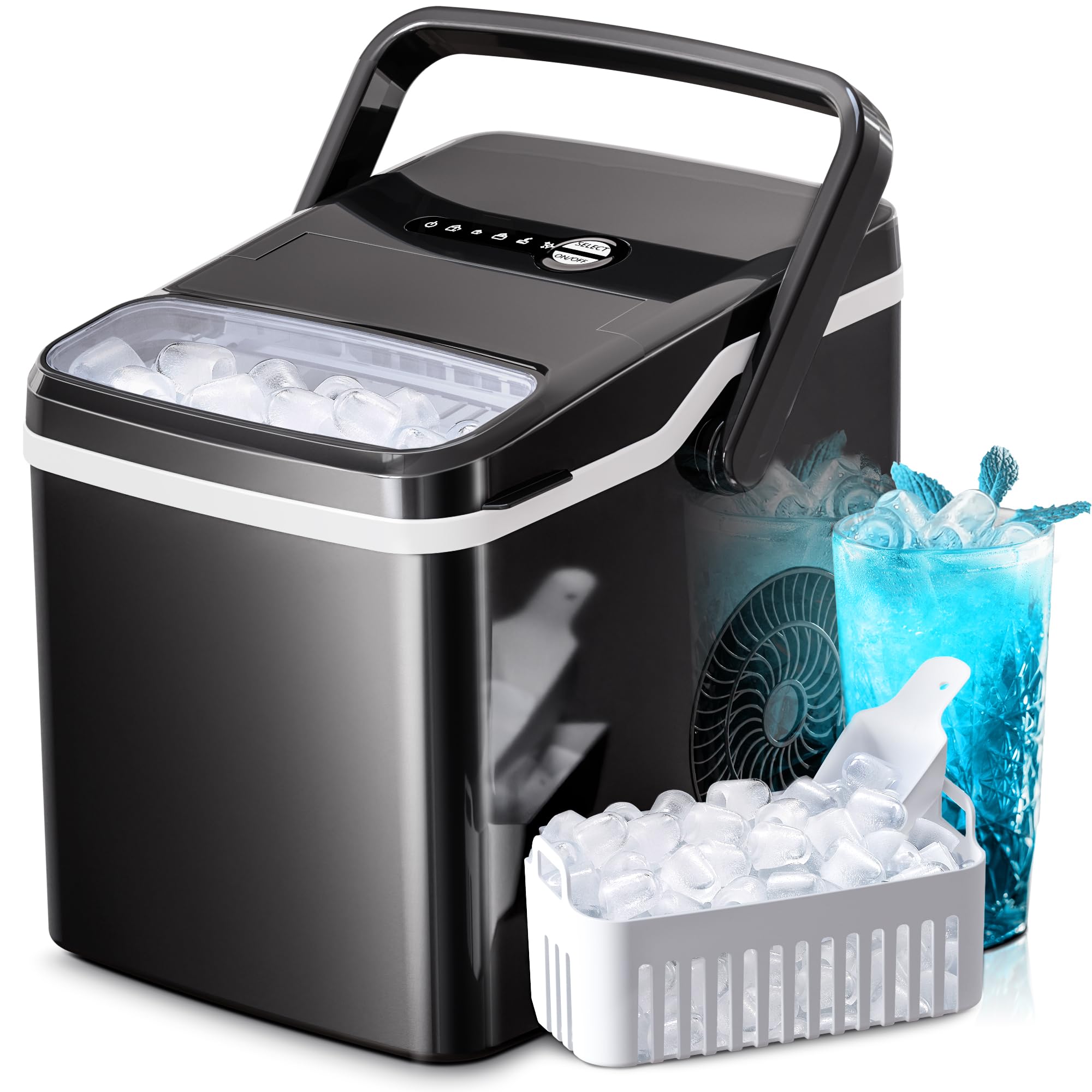 Kismile Ice Makers Countertop,28Lbs/Day,Collapsible Portable Countertop Ice Maker Machine with Handle, 2 Sizes of Ice Cube,9 Pcs/7 Mins,Small Ice Maker with Ice Basket/Scoop, for Home & Kitchen(Black)