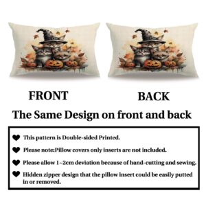 Halloween Theme Pillow Covers Double-sided Printed Halloween Cats With In Witches' Hats And Spooky Elements Rectangular/Waist Cushion Cover Farmhouse Autumn Decorative Pillowcases 12" x 20"