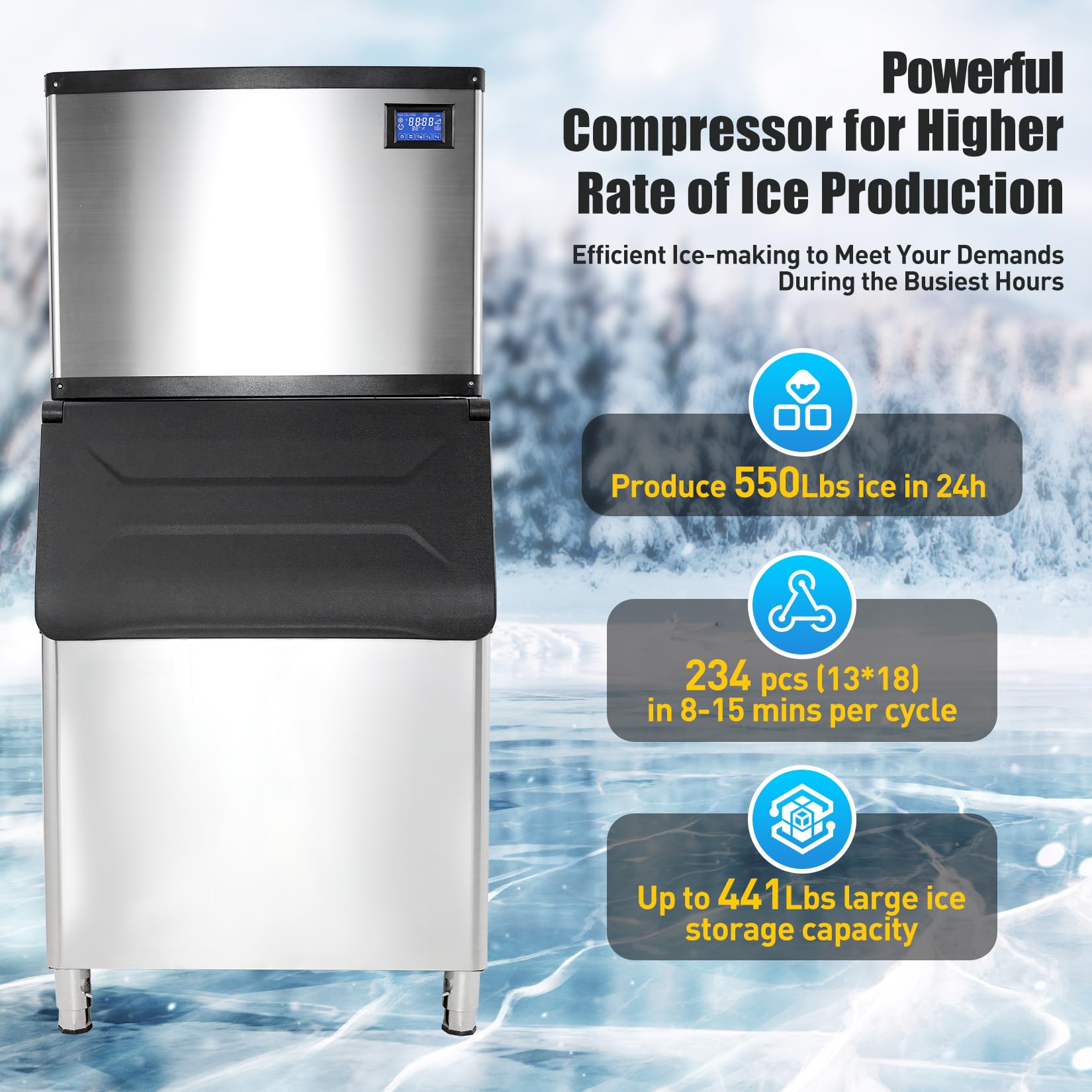 GarveeTech Commercial Ice Maker Machine, 550Lb/24Hwith 440.9Lb Storage Bin, 30'' Wide Ice Machine Clear Ice Cube Air Cooled Stainless Steel Ice Maker for Bar/Cafe/Restaurant/Business